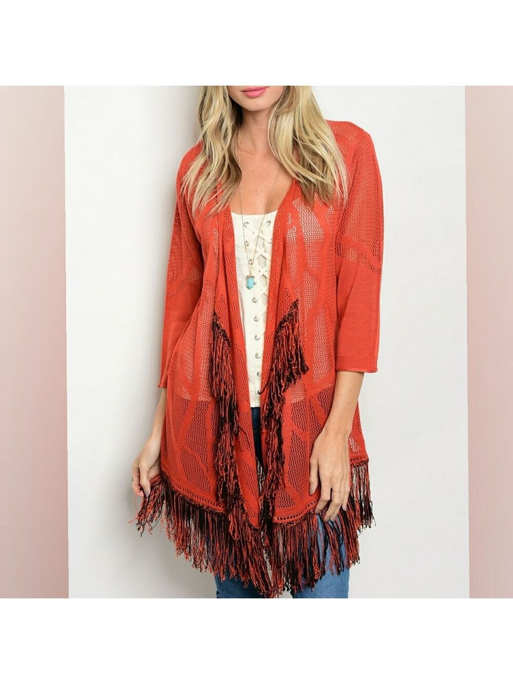 💎PRICE IS FIRM💎BRICK FRINGE KIMONO